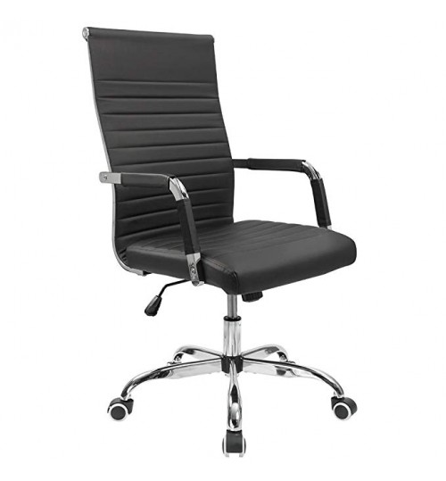 Ribbed Mid Back Leather Executive Swivel Black Office Chair With Knee-Tilt Control and Arms